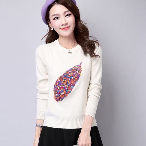 

knitted sweaters women elegant pullovers sweater korean women's feather printed pearl beaded pullover sweater jersey jumpers, White;black
