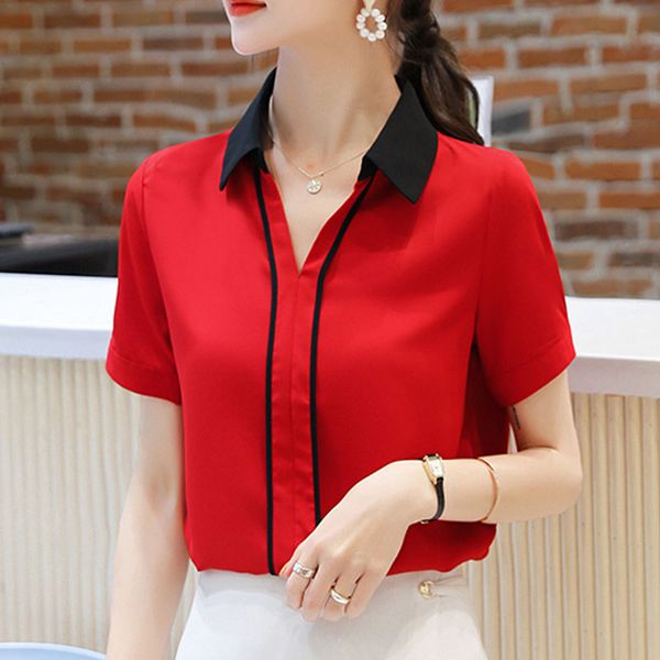 

women's blouses & shirts korean fashion clothing 2021 blusas femininas for women solid chiffon short spliced v-neck ladies white 0578