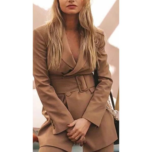 

2019 autumn khaki women long blazers elegant notched collar suits jackets with belt formal office blazer, White;black