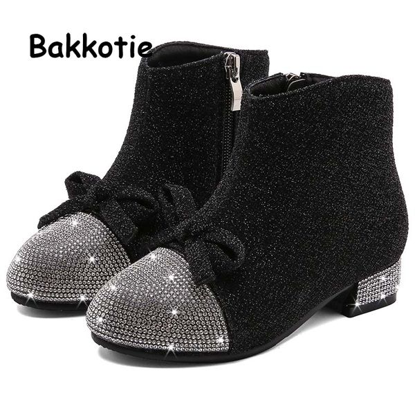 

bakkotie 2019 autumn baby girls ankle boots children winter warm fashion sparkling boots kids sweet bowtie princess fur shoes, Black;grey