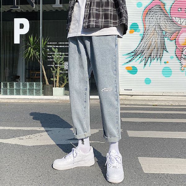 

2020 spring and summer new youth popular solid color literary letter printing jeans fashion casual straight cropped pants, Blue