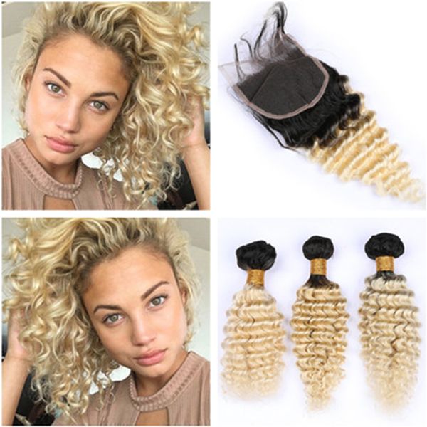 2019 Ombre Blonde Deep Wave Human Hair 3bundles Dark Roots With