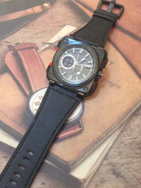 

cool 46mm outdoor bellross aviation skeleton dial mens watches square black steel case quartz satch watch with black leather strap, Slivery;brown