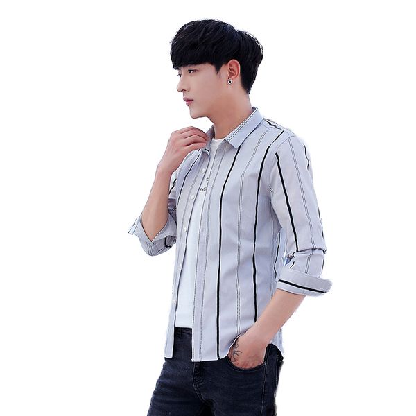 

2020 summer new men's long-sleeved shirt slim fit men lapel striped shirts size s  l xl xxl xxxl young male casual shirt, White;black