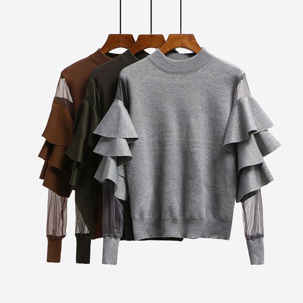 

women knitted loose sweaters pullovers ruffled mesh patchwork sleeve ladies woman solid sweater, White;black