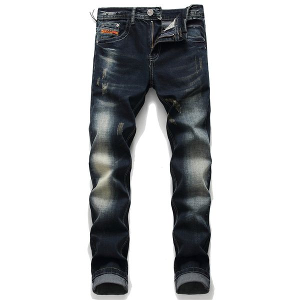 

european men italy navy jeans pants men slim jeans zipper straight pants gentleman black hole for, Blue