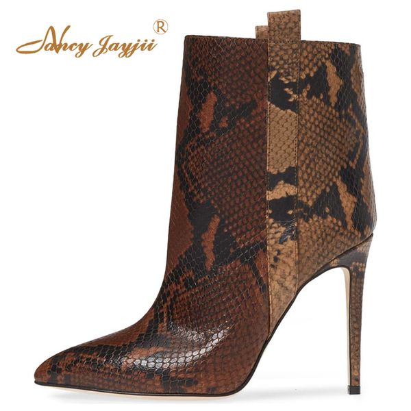 

brown gray snakeskin stilettos ankle winter boots woman super high thin heels zipper small size 32 36 ladies warm shoes booties, Black