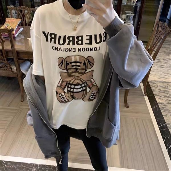 

white short-sleeved t-shirt female b family teddy bear embroidery round collar loose t-shirt couple outfit size cotton half-sleeve couple we