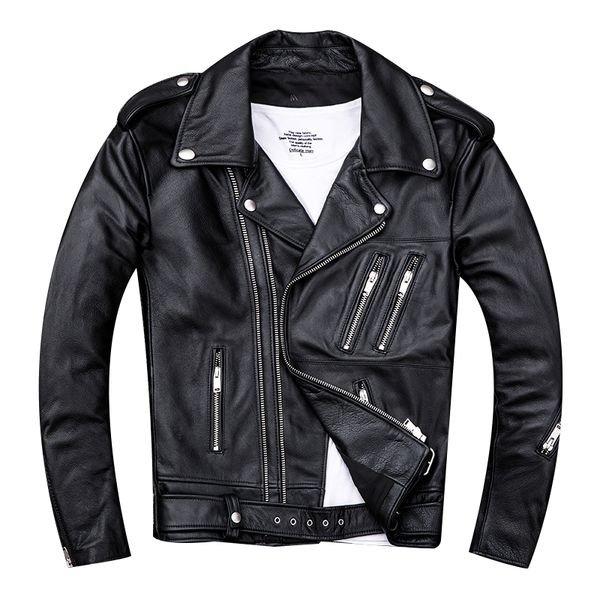 

cow hide leather leather zipper more male brief paragraph cultivate one's morality take jacket lapel locomotive, Black