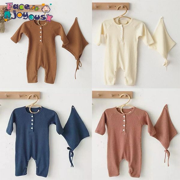 

2019 baby spring autumn clothing set 0-24m toddler kid girl boy ribbed rompers solid long sleeve jumpsuit outfit clothes+ hat, Blue