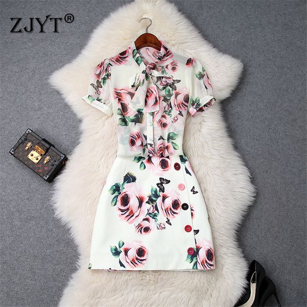 

2019 summer fashion runway suit set women designer bow collar short sleeve floral print transparent chiffon skirt set sweet, White