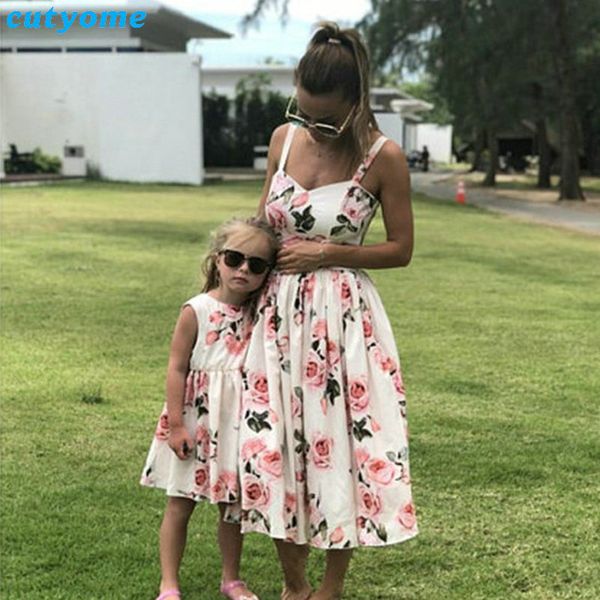 

family look women matching mother and daughter clothes sleeveless floral dress for mommy and me kids girls mom daughter dresses, Blue