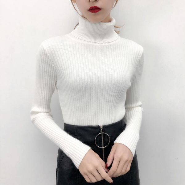 

winter women's sweater long sleeve elastic knit new turtleneck solid color long sleeve casual new sweater, White;black