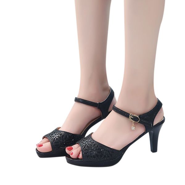 

women summer sandals peep toe cuts outs shoes high heels buckle strap female new fashion dress zapatos de mujer #g35, Black