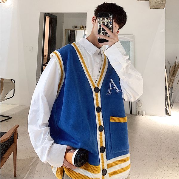 

men's school wind leisure sweater vest cardigan coats 3d printing in warm cashmere sweaters casual woolen male v collar knitting