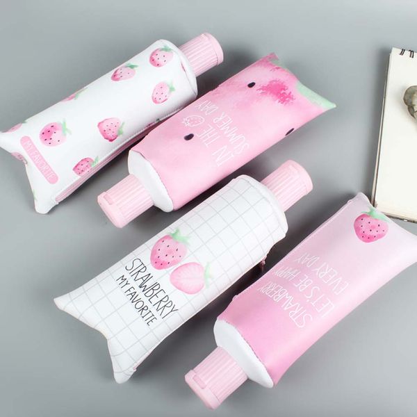 

multifunction pu leather strawberry pencil cases bag large capacity stationery bag for girls 24.5x9cm toothpaste pencil bags 7
