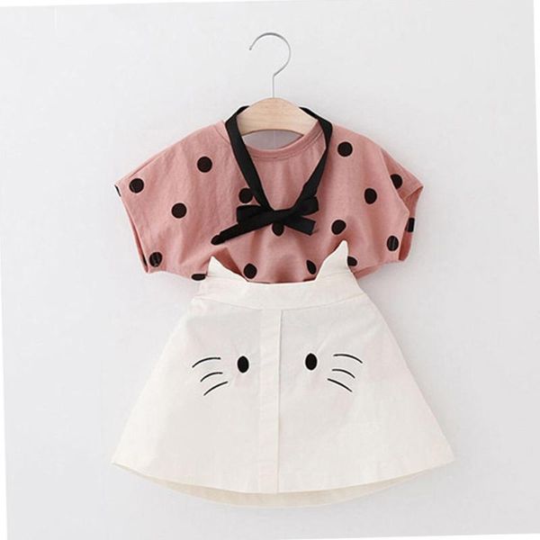 

summer girls clothes sets baby girl short sleeve dot shirt cat skirt suits kids clothing for girls children's clothes 2pcs, White