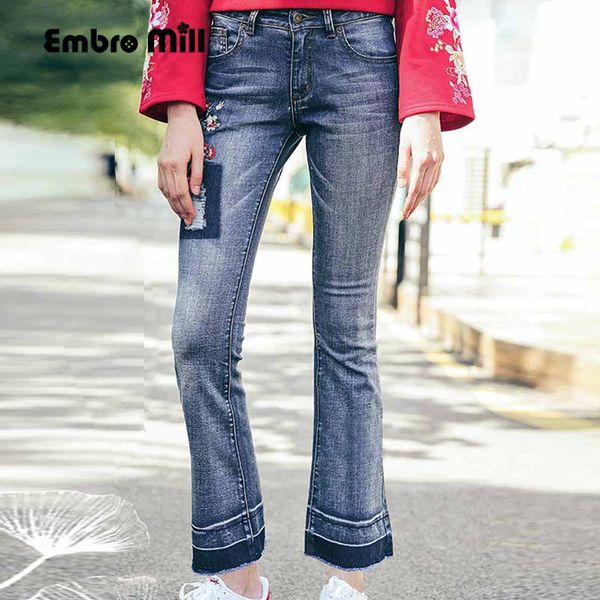

embro mill women floral slim casual jeans flare pants vintage royal embroidery lady beautiful autumn trousers female s-3xl, Blue