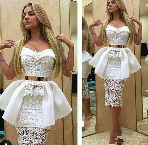 Sexy Branco Curto Cocktail Vestidos Sweetheart Lace Cetim Bainha Joelho Comprimento Saudita Arábia Partido Vestidos Aso Ebi Estilo Vestidos De Noite