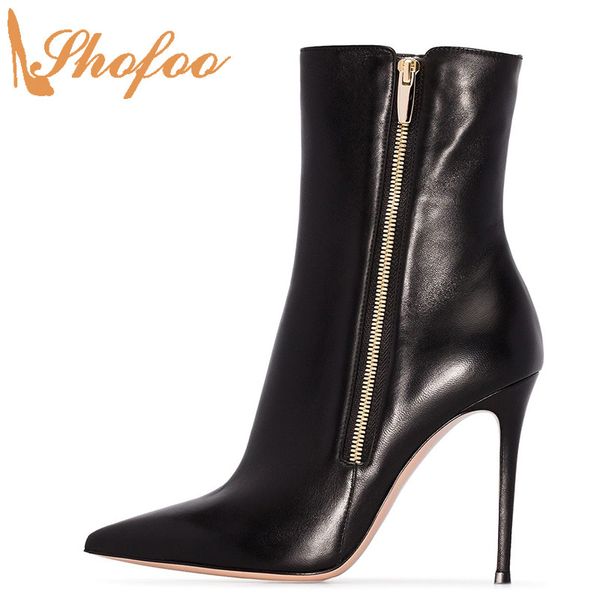 

black high thin heels ankle boots pointed toe woman booties zipper large size 13 16 ladies winter fashion mature shoes shofoo