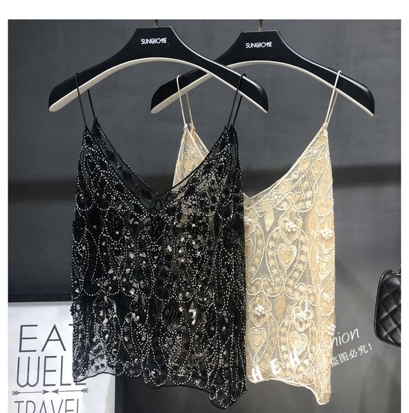 

cakucool women camisole sequined beading shiny v neck spaghetti all match chic mesh lace vintage tank summer clothes, White