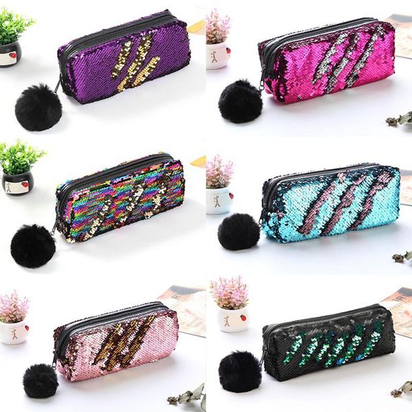 

shiny reversible sequins pencil box pen case fluffy ball organizer zipper bag