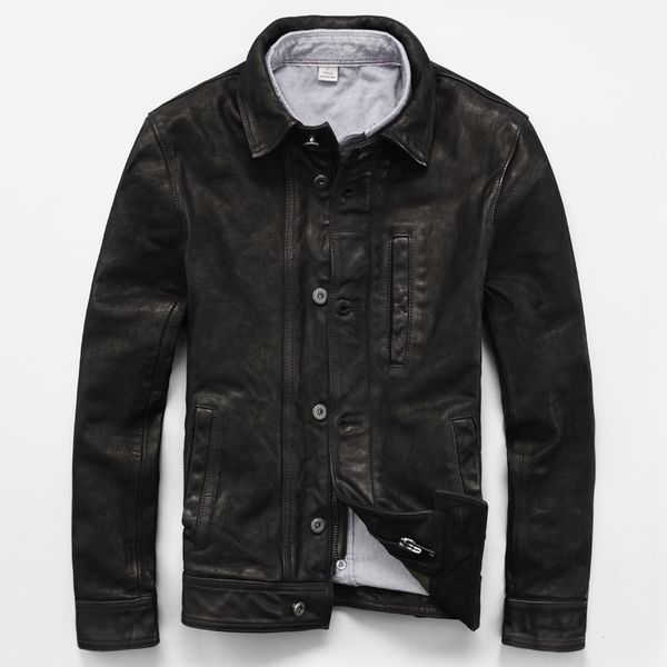 

simple genuine jackwt slim men's lapel autumn jacket sheep casual short leather coat, Black