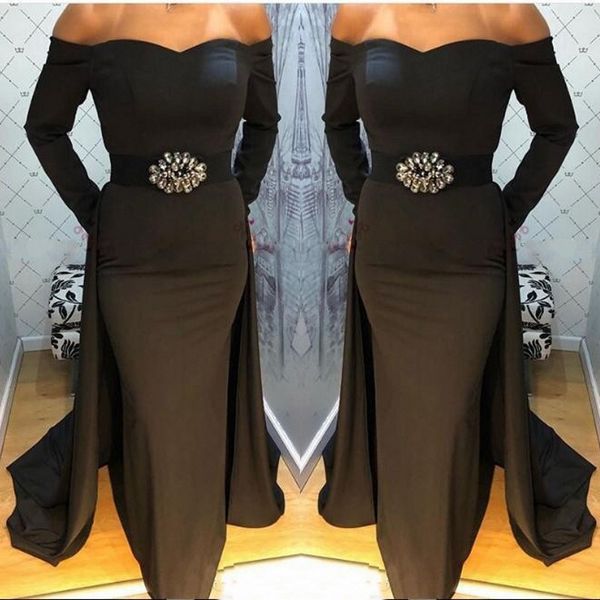 

off shoulder black formal prom dresses long sleeve black mermaid evening gowns satin special occasion dresses with crystal sash