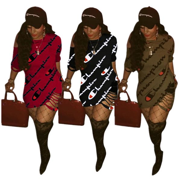 

women champions t shirt dress letter print design mini dresses half sleeve o-neck one piece skirt ripped hole bodycon t-skirt dress, White