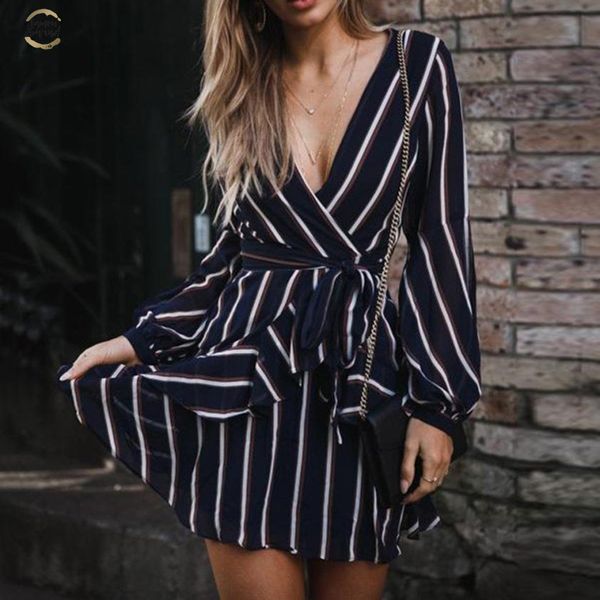 

dress womens fashion lantern sleeve casual asymmetrical striped v neck dress casual ruffle mini party dress women aug9, Black;gray