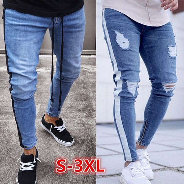 

heflashor 2019 skinny jeans men ripped hole stretch denim trousers male autumn straight streetwear pencil jeans plus size, Black