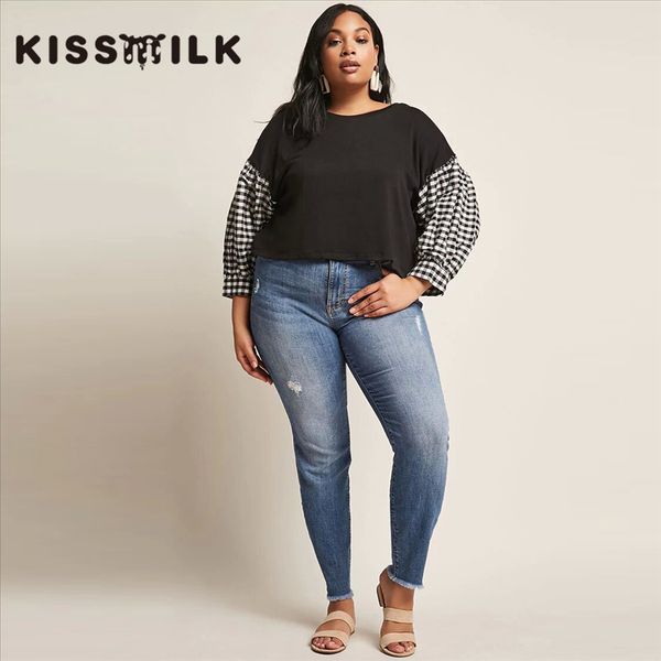 

kissmilk autumn women's loose black t-shirt and white plaid stitching get rid of bye-bye meat casual t-shirt top
