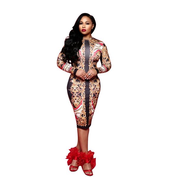 

2020 womens digital printed dress ladies long sleeve dresses fashion ladies bodycon dresses, Black;gray