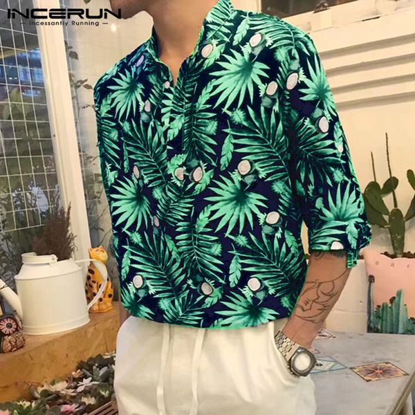 

incerun hawaii style fashion 2019 stand collar flower shirtcoconut print vacation casual sleeves men's shirt 5xl, White;black