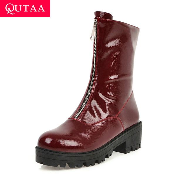

qutaa 2020 pu patent leather fashion square high heel mid calf boots casual round toe zipper antiskid women shoes big size 34-43, Black