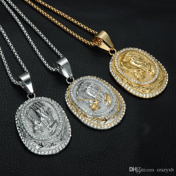 

hip hop iced out bling full rhinestone praying hands men pendants necklaces gold color big prayer jesus necklace jewelry, Silver