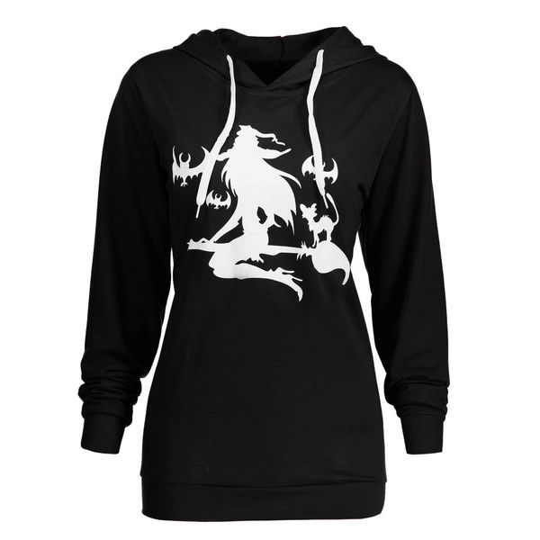 

women halloween sweatshirt oversized hoodie witch print long sleeve plus size hooded soft autumn winter sweatshirt blouse, Black