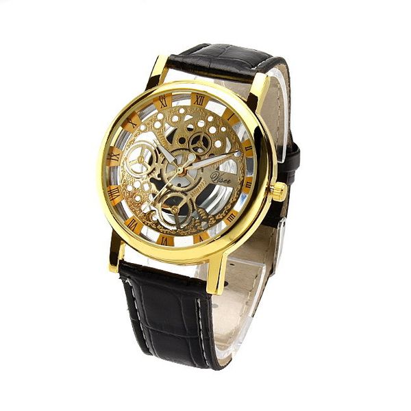 

fashion business skeleton watch men engraving hollow reloj hombre dress quartz wristwatch leather band women small watch, Slivery;brown