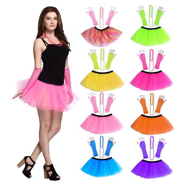 

Hallowmas 3PC 80's Neon UV Adult Tutu Skirt Beads Hen Fancy Dress Party Costumes