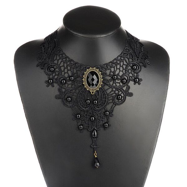 

1pc gothic geometric black lace& beads choker victorian steampunk style collar necklace jewelry accessories gift for women, Silver