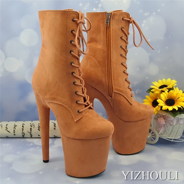 

20 cm steel tube dancing shoes, yellow brown suede covered high heel thick soles boots, round toe banquet ankle boots, Black