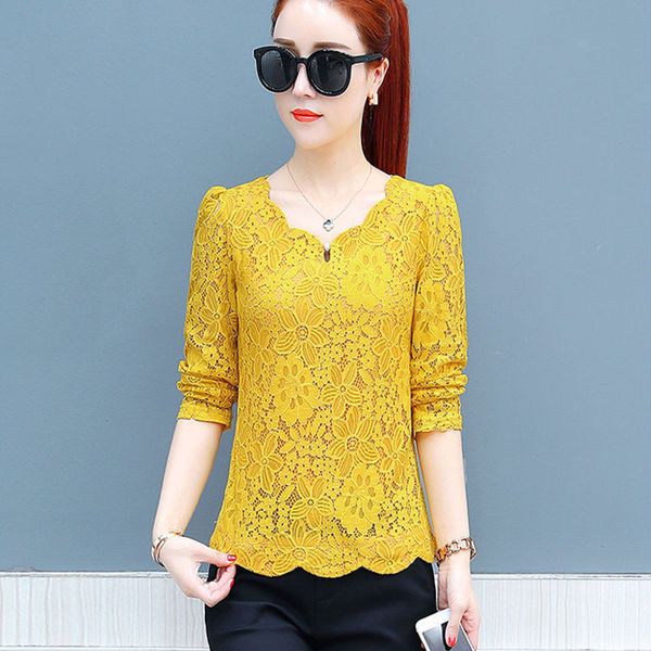 

blusas feminina korean spring autumn women vestidos sweet loose long sleeve yellow lace shirts female df2247, White