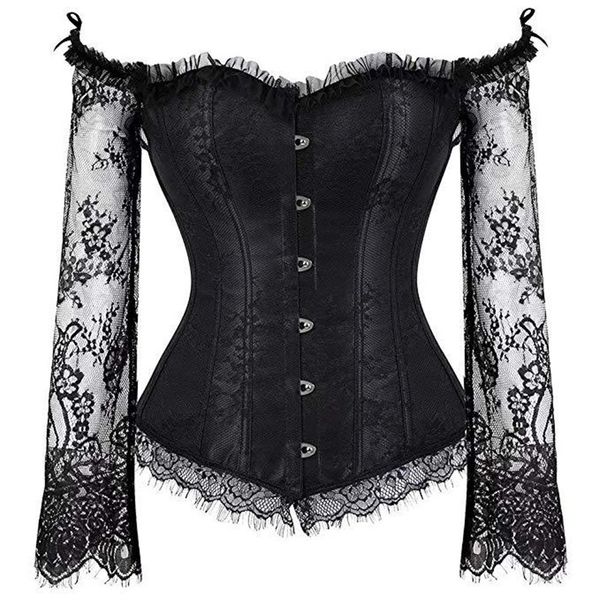 

lingerie women corset bustier overbust nightclub clothing steampunk gothic lace long sleeves corsets costume, Black;white
