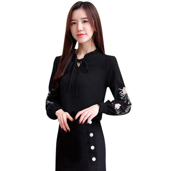

chiffon women long sleeve embroidery v-neck casual bow tie shirt, White