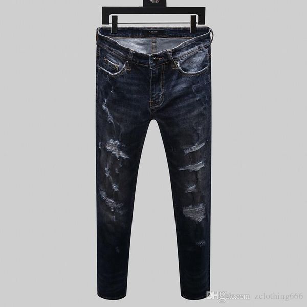 

men s designer jeans ripped skinny biker pants off panther soldier men slim denim straight hole skinny jeans mens designer pants, Blue