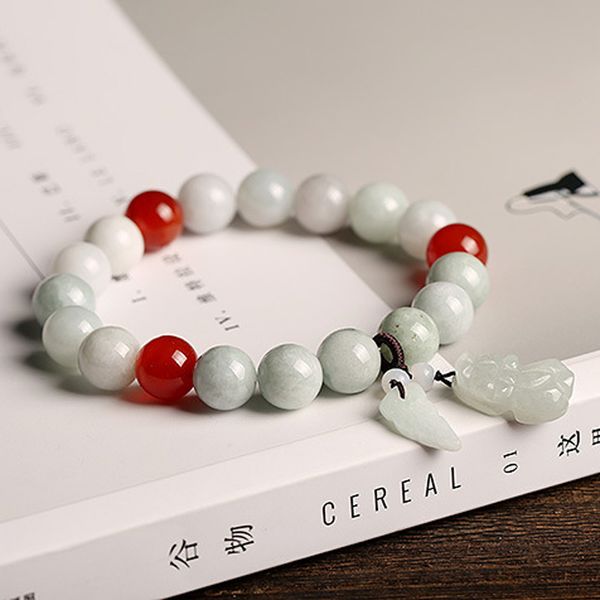 

women bracelets bangles jadeite emerald bracelets pixiu leaf red agate round beads for women's jade jewelry, Golden;silver