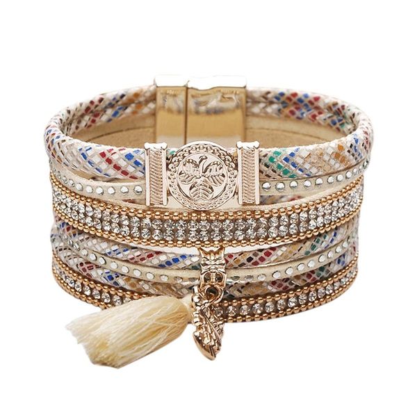 

multi-layer leather tassel bracelet handmade wristband gorgeous wrap bracelet magnetic bohemian bangle jewelry for women gift, White