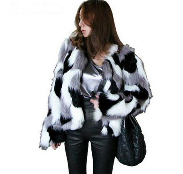 

women mixed color man-made fur jacket casual plus size faux fur coats female short section outwear casaco de pele falso, Black