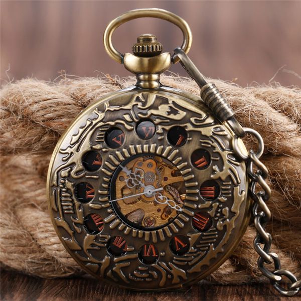Retro antico orologio scheletro orologi cerchio vuoto mano vento meccanico orologio da tasca uomo donna FOB ciondolo orologio con catena