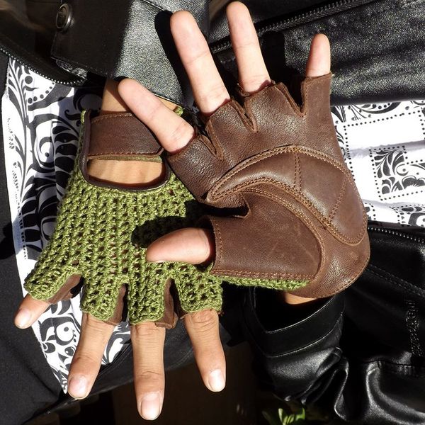 

2018 the latest genuine leather half finger mesh breathable gloves cowhide + knit gloves a149-5, Blue;gray